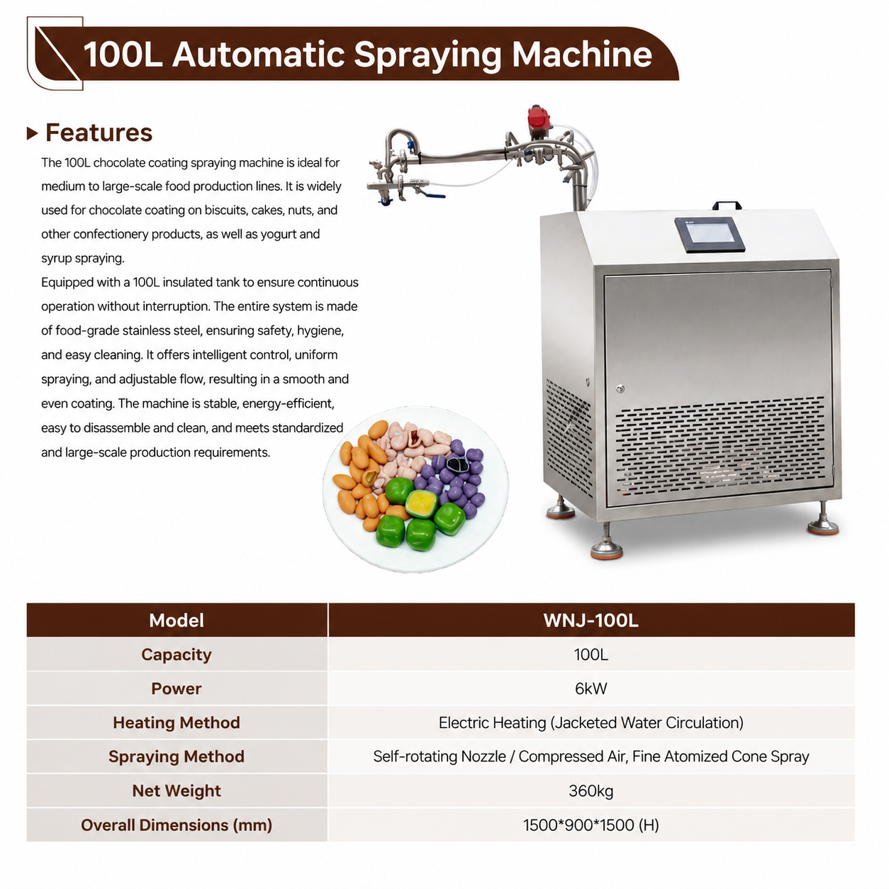 WNJ 100L Automatic Chocolate Spraying Machine for Food Production Lines | Stainless Steel Coating System with Uniform Spray Control