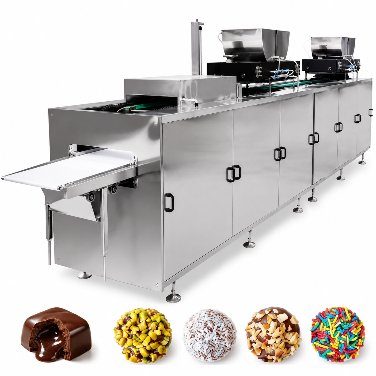 WNJ Dual-Head Chocolate Depositing & Sprinkling Production Line for Filled Chocolate, Truffles and Decorative Chocolate Production