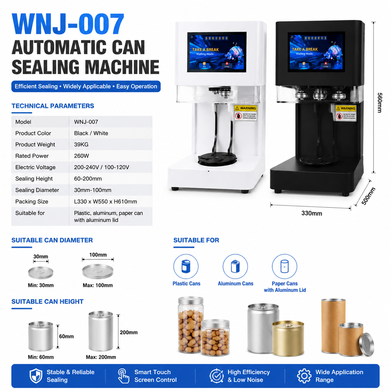 WNJ-007 Automatic Can Sealing Machine for Food Packaging | 30-100mm Diameter Container Sealer with Touch Screen Control