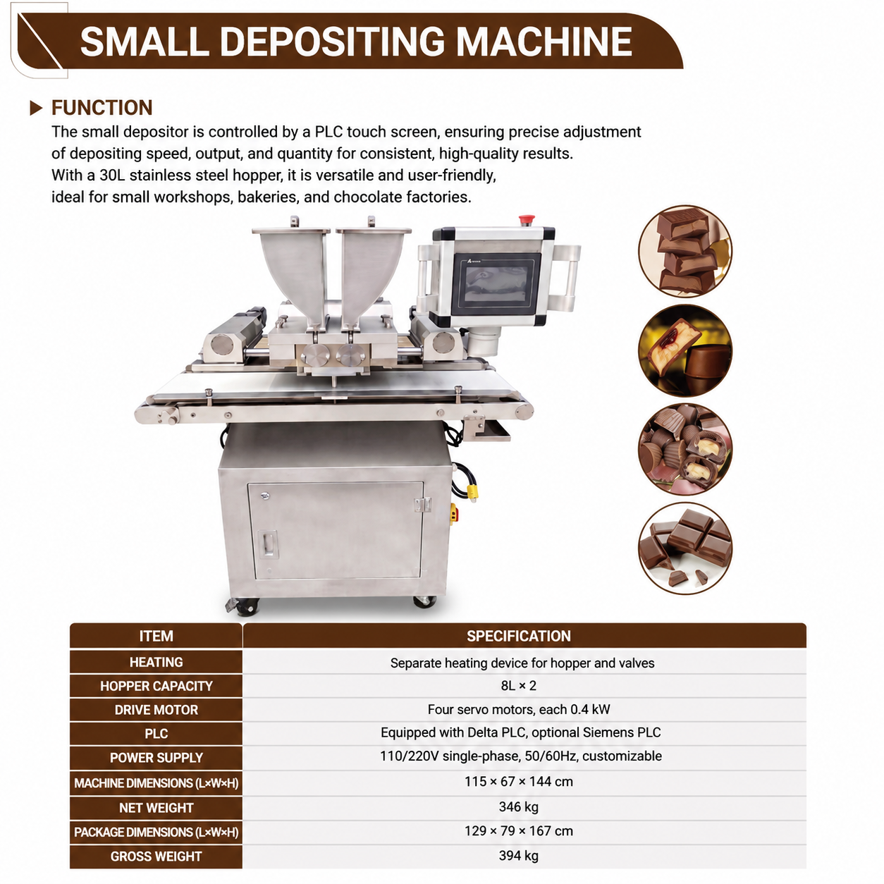 WNJ Small Filled Chocolate Depositing Machine with PLC Control for Pralines, Truffles & Chocolate Center Filling Production