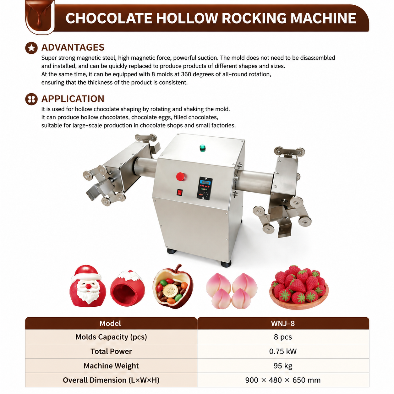 WNJ Chocolate Hollow Rocking Machine for Custom Chocolate Shells | 8 Molds Rotary Shaking Machine for Chocolate Factory